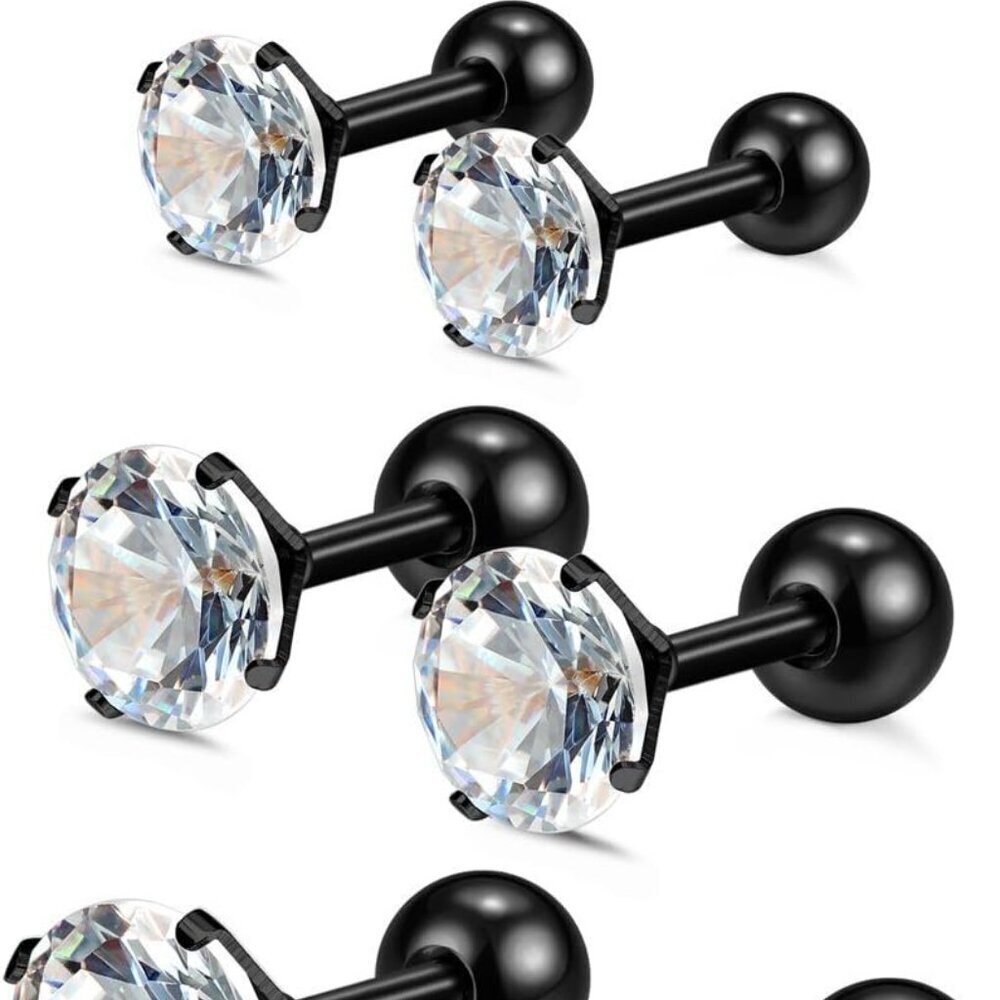 Stainless Steel Screw Back Barbell Earrings | 4 Pairs in Various Sizes and CZ - Picture 1 of 7